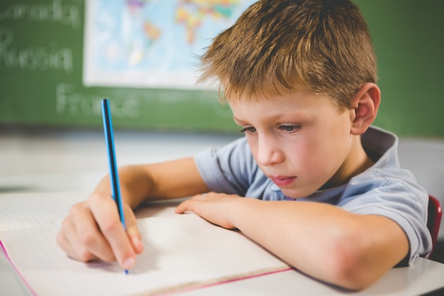 Schoolboy doing homework in classroom