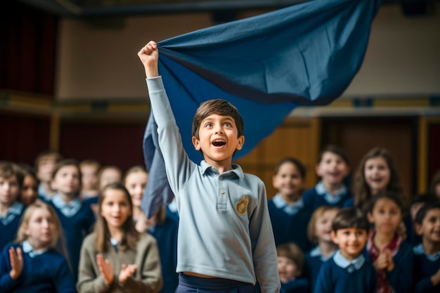 A schoolboy raising a flag during a school assembly