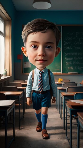 Photo schoolboy returning to class in the form of a cartoon character with a caricature face