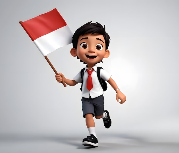 A schoolboy runs with a flag in hand smiling with joy