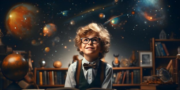 Photo schoolboy at school astronomy lesson dreaming student fantasy concept of school education