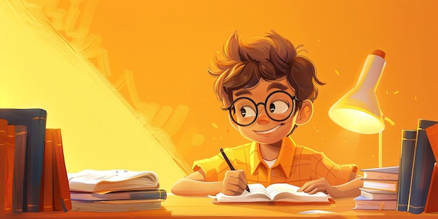 Schoolboy in a shirt wearing glasses writing in a notebook near books a lamp on the table smiling on a yellow background illustration