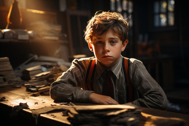 Schoolboy sitting at the desk in school