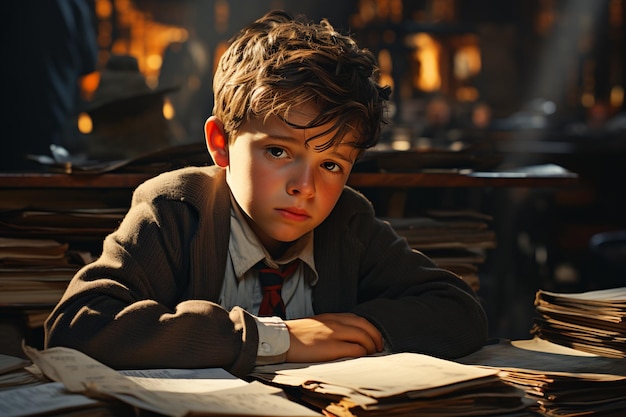 Schoolboy sitting at the desk in school