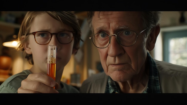 Photo schoolboy and teacher observing orange liquid reaction in test tube