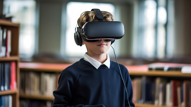 Schoolboy wearing virtual reality goggles at schoolCreated with Generative AI technology