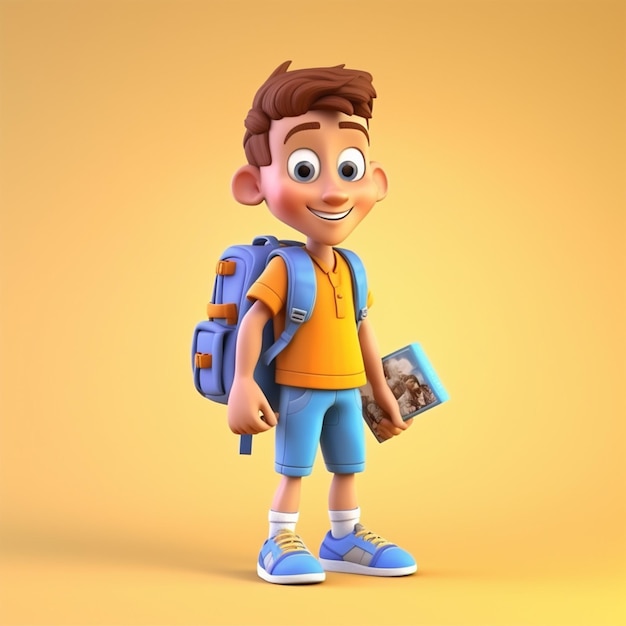 A Schoolboy with a backpack standing in front of yellow background