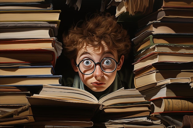 A schoolboy with glasses is reading an open book surrounded by a bunch of textbooks