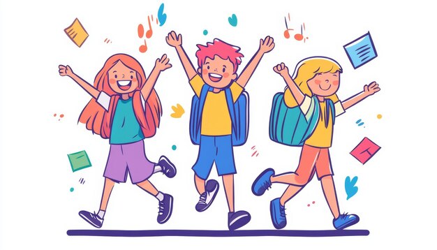 Photo schoolchildren are happy flat line illustration on a clean background