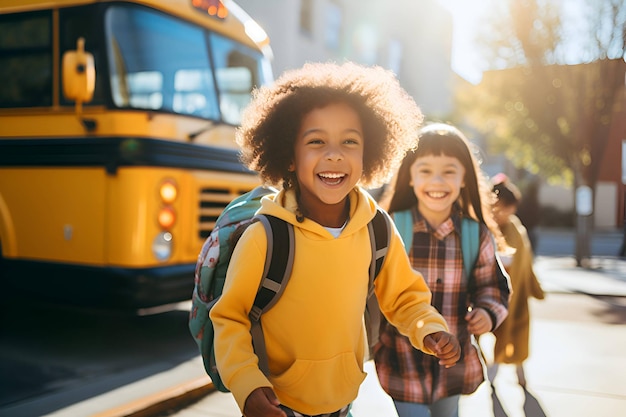 Schoolchildren near the school bus Generative AI