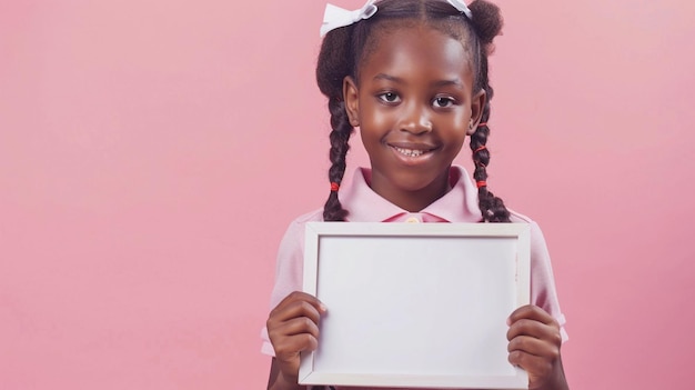 Schoolgirl of African descent posing with a blank frame pastel pink background