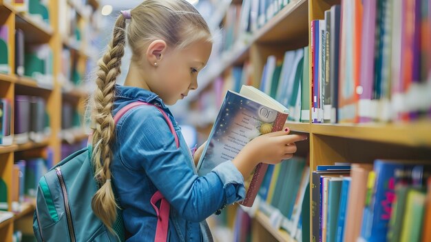 Schoolgirl choosing book in school library Smart girl selecting literature for readi Generative AI