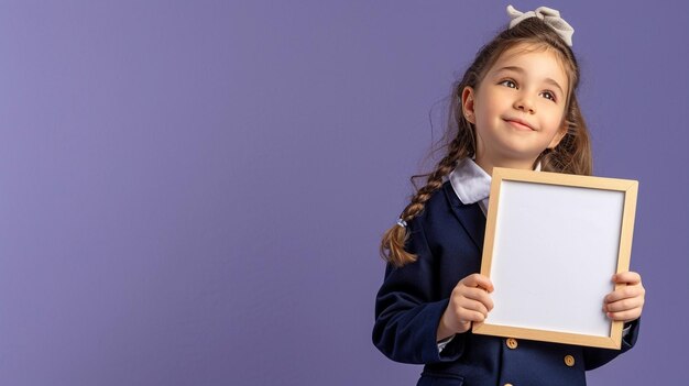 Schoolgirl in navy gazes ahead holding frame against a purple backdrop