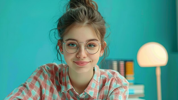 Schoolgirl in a shirt wearing glasses writing in a notebook near books a lamp on the table smiling on a green background