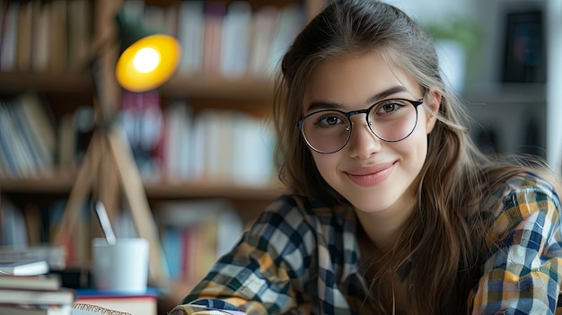 Schoolgirl in a shirt wearing glasses writing in a notebook near books a lamp on the table smiling on a white background