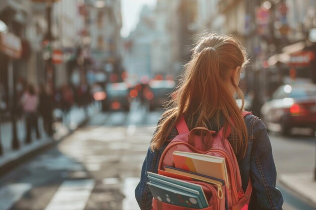 Photo schoolgirl with backpack holding notebooks on city street