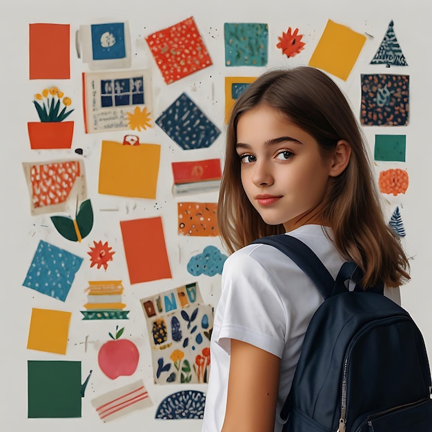 Photo a schoolgirl with a backpack stands in front of a wall full of colourful things by ai generated