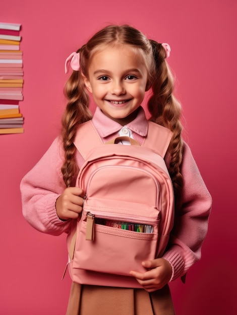 Schoolgirl with books and backpack smiling isolated on pink background