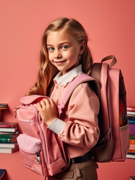 Schoolgirl with books and backpack smiling isolated on pink background