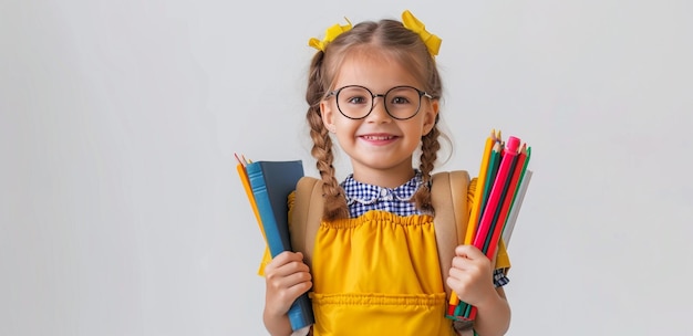 Schoolgirl with glasses and backpack prepares for school white backdrop