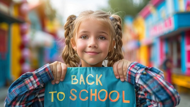 Photo schoolgirl with a sign that says back to school before studying on a blank background