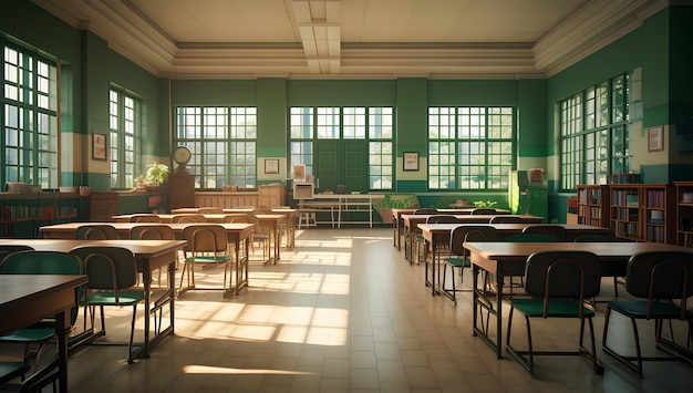 a schoolroom full of desks and chairs