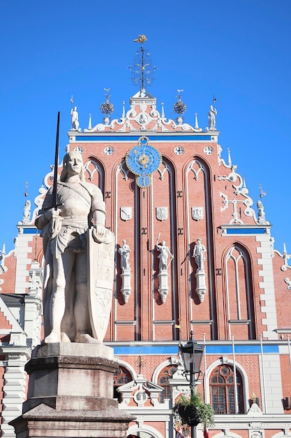 Schwab House House of the Blackheads and monument of Saint Roland at Town Hall Square Riga Latvia