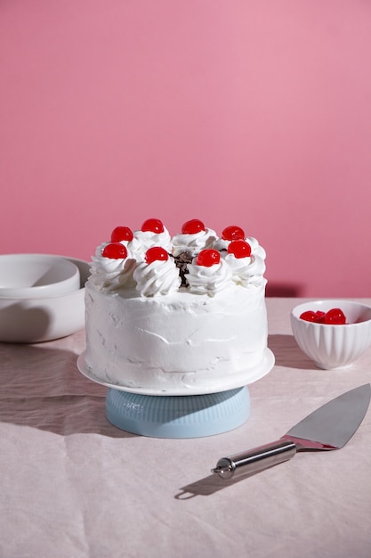 Schwarzwalder Kirschtorte, black forest cake, harsh light, table background in sunlight, modern still life, cherry dessert on modern background