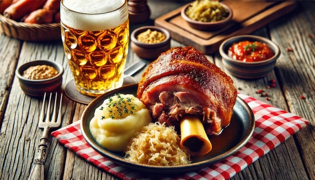 Photo schweinshaxe with a roasted pork knuckle with crispy skin served with sauerkraut and mashed potatoes and fresh craft beer