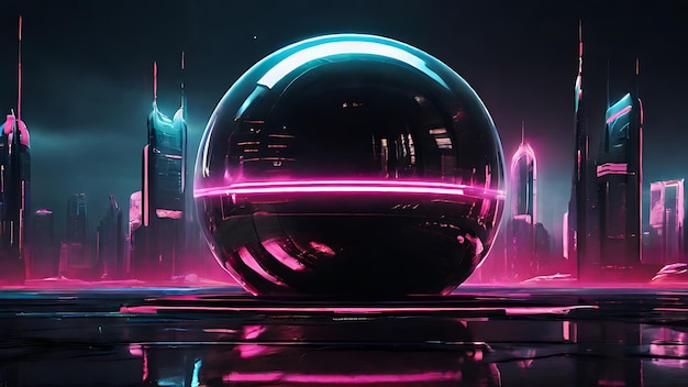 Sci fi alienoid sphere with neon lights dark ball cyberpunk theme space ship