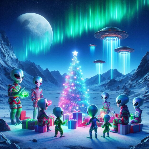 Photo sci fi christmas scene and alien celebrating christmas