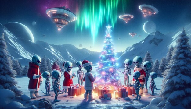 Photo sci fi christmas scene and alien celebrating christmas