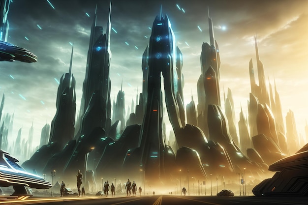 sci fi city with futuristic skyline buildings concept art cyber metaverse city