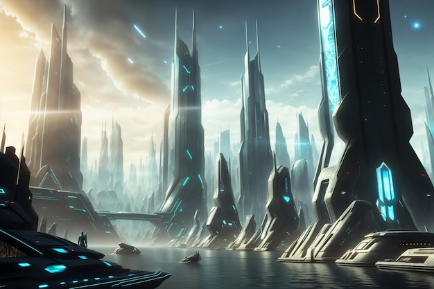 sci fi city with futuristic skyline buildings concept art cyber metaverse city