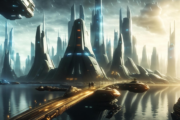 sci fi city with futuristic skyline buildings concept art cyber metaverse city