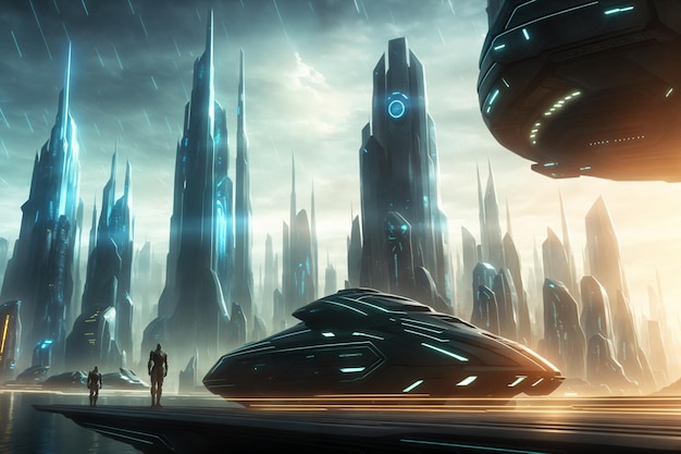 sci fi city with futuristic skyline buildings concept art cyber metaverse city