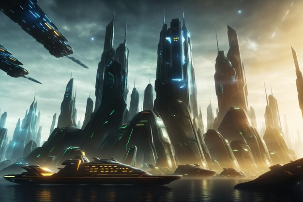 sci fi city with futuristic skyline buildings concept art cyber metaverse city