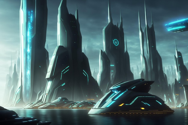 sci fi city with futuristic skyline buildings concept art cyber metaverse city