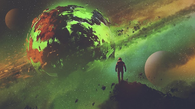 sci-fi concept of an astronaut standing on huge rock looking at the acid planet, digital art style, illustration painting