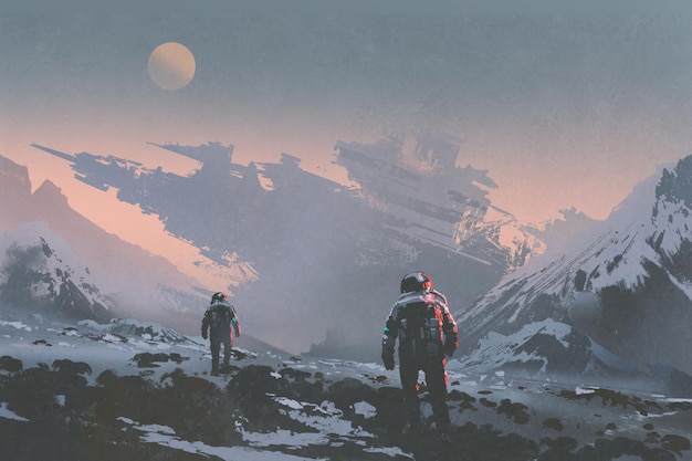 sci-fi concept of astronauts walking to derelict spaceship on alien planet, illustration painting