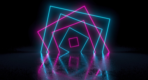 Sci-Fi Futuristic Chaotic Abstract Gradient Blue Pink Neon Glowing Rectangle Square On Reflection