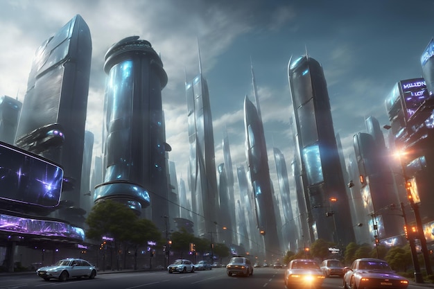 sci fi modern city of the future with billboard mockup realistic