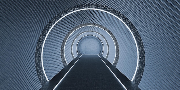 Sci Fi Neon Glow Dark Corridor Tube Curved Passage Futuristic Technology Tunnel Spaceship empty