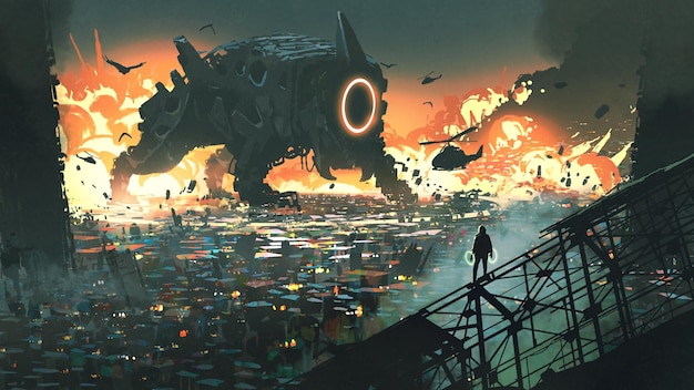 sci-fi scene of the creature machine invading city, digital art style, illustration painting