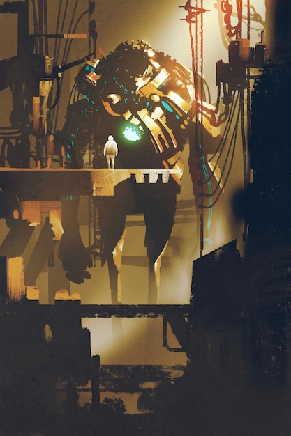 sci-fi scene of giant robot in old factory,illustration painting