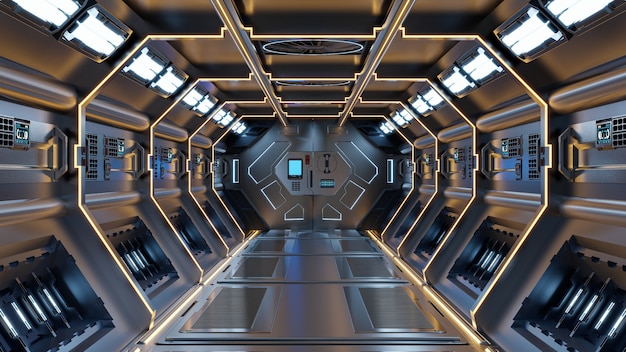 Science background fiction interior rendering sci-fi spaceship corridors yellow light,3D rendering