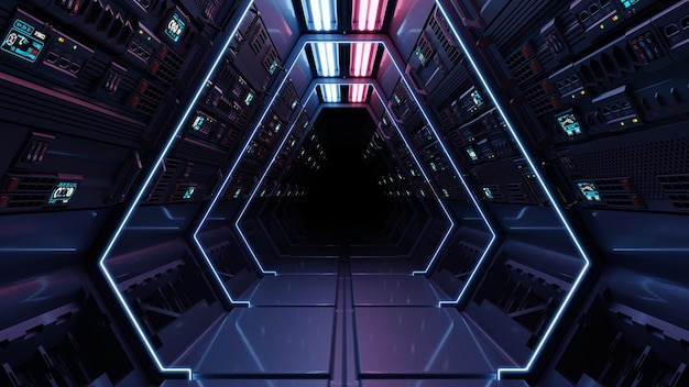 Science background fiction interior rendering scifi spaceship corridors blue light and red light3D rendering