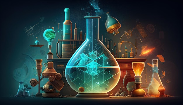 Science background illustration scientific design Flasks glass and chemistry physics elements