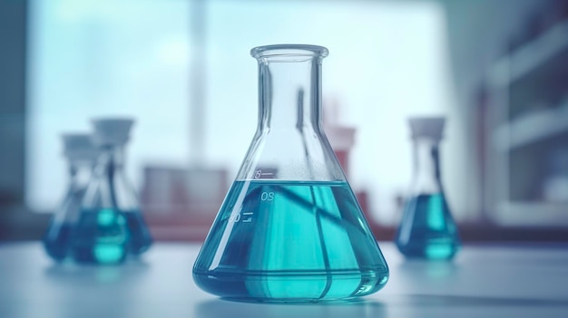 A Science Beaker in the laboratory on a table white and light blue background laboratory equipment out of focus