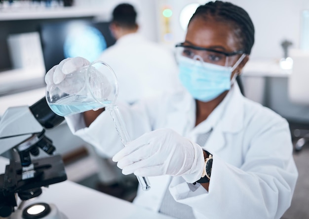 Science covid and testing with a black woman doctor working in a laboratory for research or innovation Medical analytics and development with a female scientist at work in a lab for chemistry